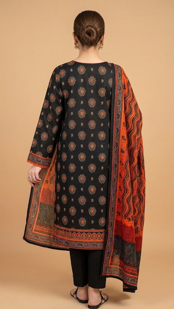 Black & Orange Floral Printed 3-Piece Cotton Suit with Chunri Dupatta