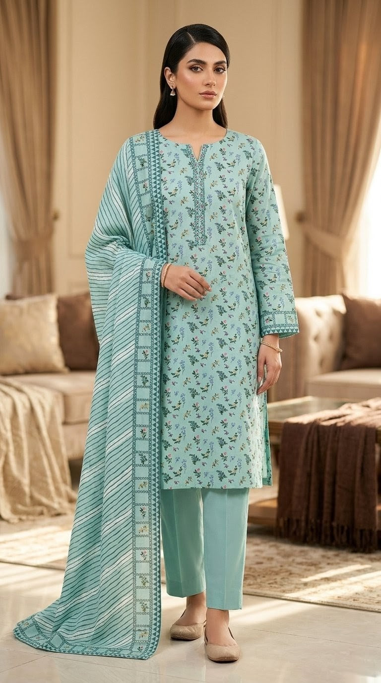 Mint Blossom – 3-Piece Embroidered & Printed Lawn Suit