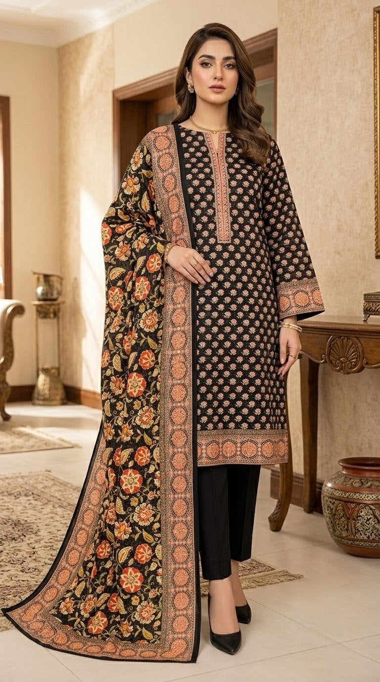Midnight Blossom – Classic Black 3-Piece Suit with Rich Floral Border Dupatta