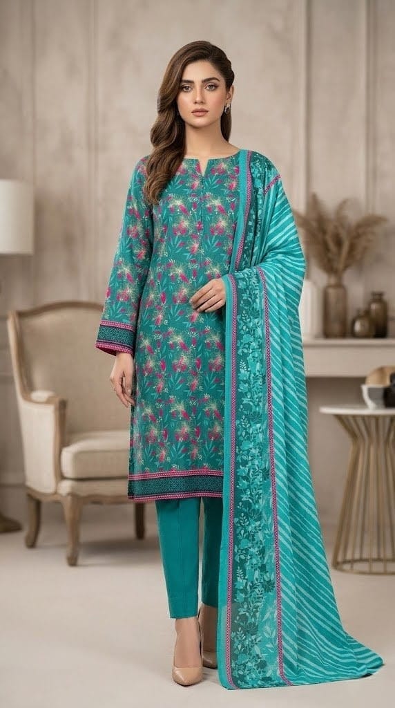 Teal Breeze – Turquoise & Pink Botanical 3-Piece Printed Cotton Suit