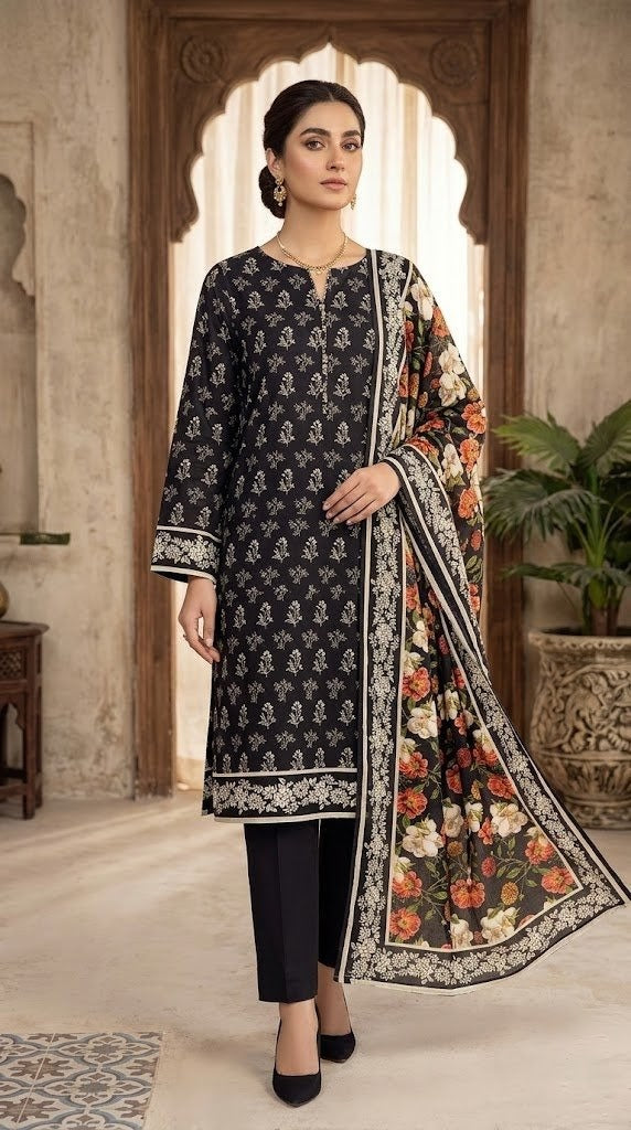 Dusk Flora – Delicate Black & Beige 3-Piece Suit with Vibrant Floral Dupatta
