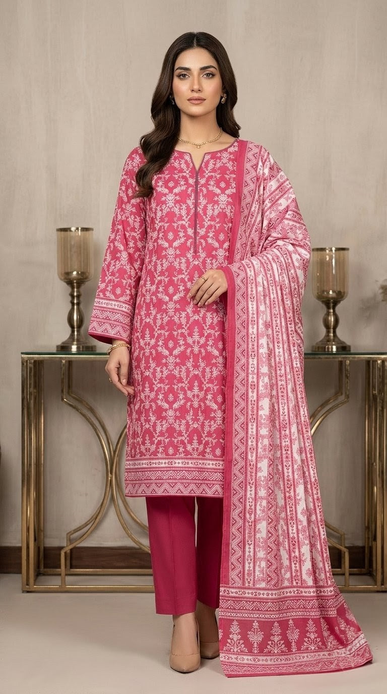 Rosewood Dream – Magenta & White Damask 3-Piece Printed Lawn Suit