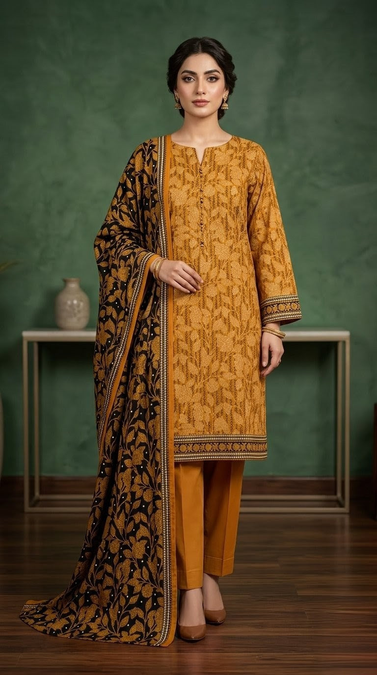Golden Amber – Mustard & Black Foliage-Print 3-Piece Cotton Suit