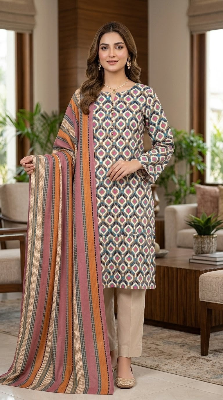 Ikat Fusion – Multi-Colored Geometric Print 3-Piece Suit with Striped Dupatta
