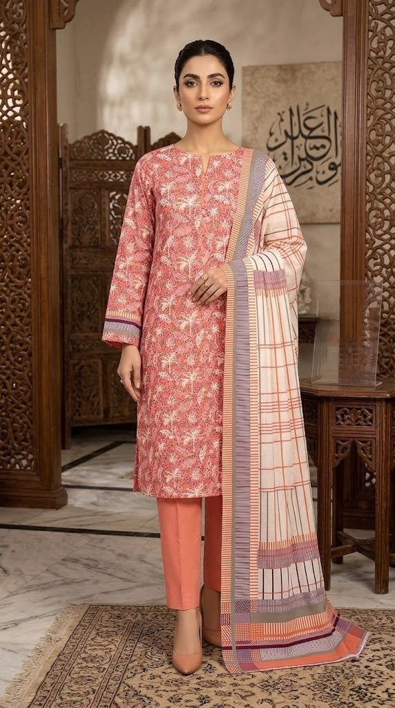 Coral Palms – Soft Peach Tropical Print 3-Piece Suit with Grid-Check Dupatta