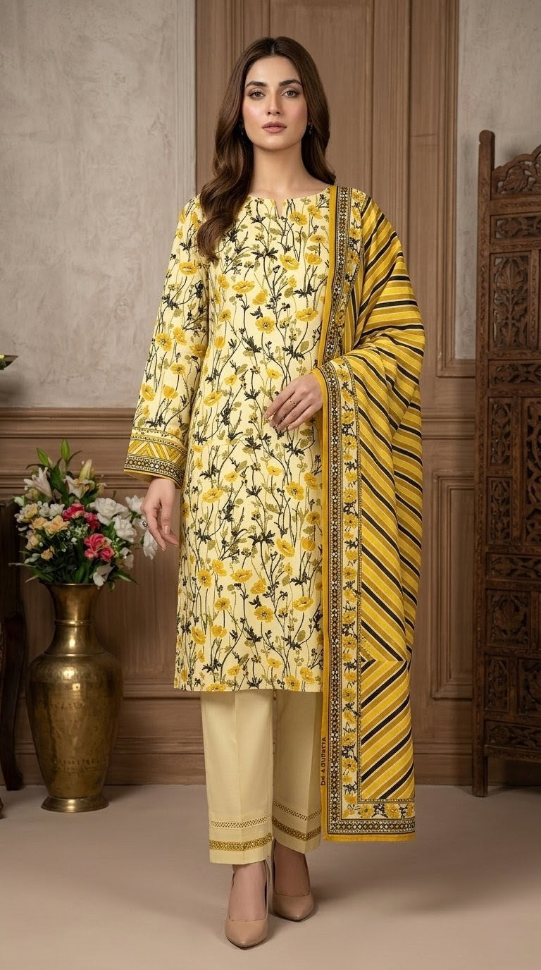 Wild Poppy – Pale Butter Yellow & Black Striped 3-Piece Floral Suit