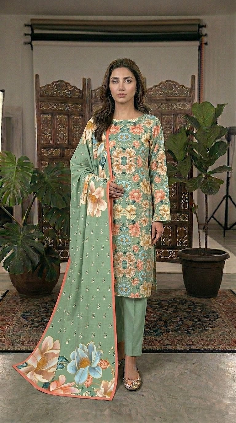 Sage Garden – Soft Mint Green 3-Piece Suit with Vintage Coral & Peach Floral Dupatta