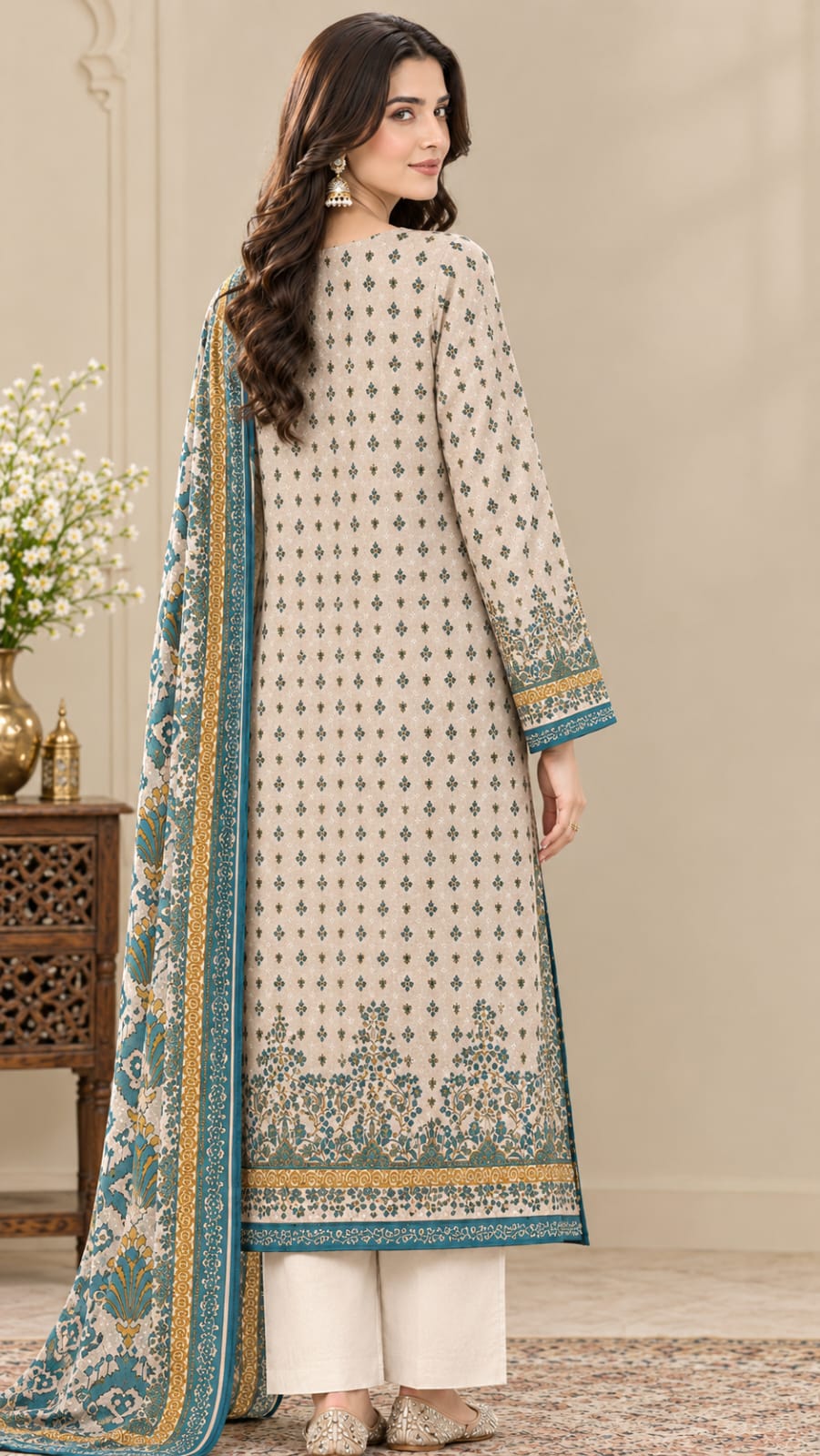 Beige Printed 3-Piece Suit