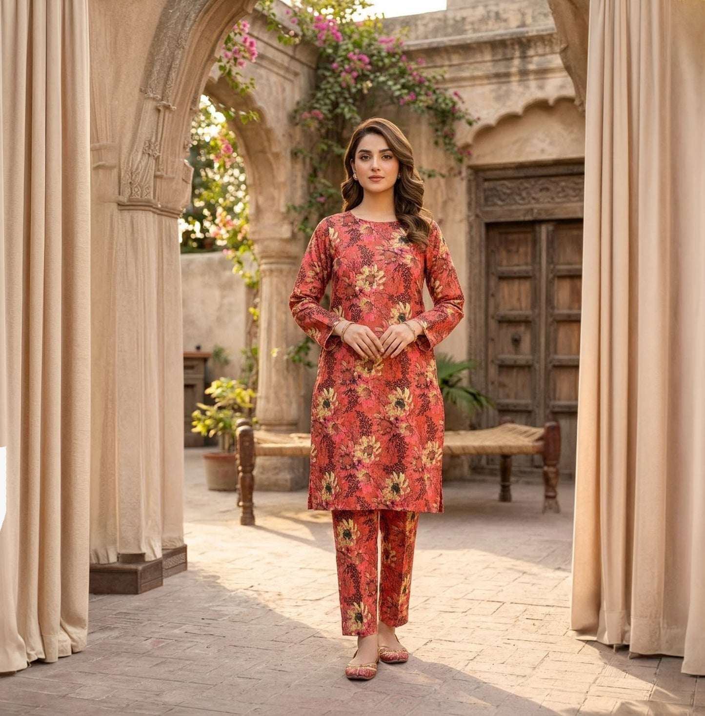 Printed 2-Piece Suit - Peach Mustard Geometric
