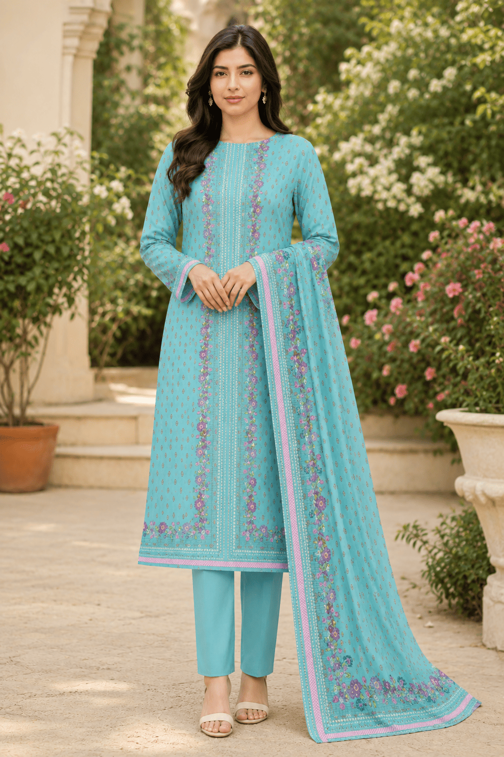 Turquoise Blue Floral Border 3-Piece Lawn Suit