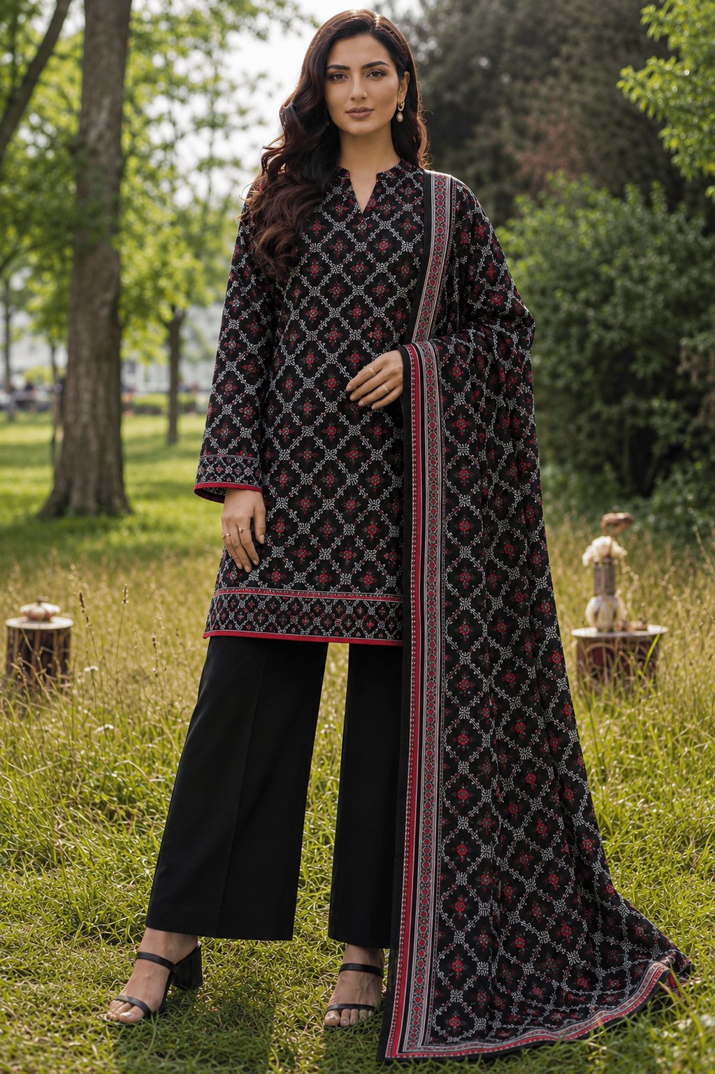 Midnight Black Geometric Ethnic 3-Piece Suit