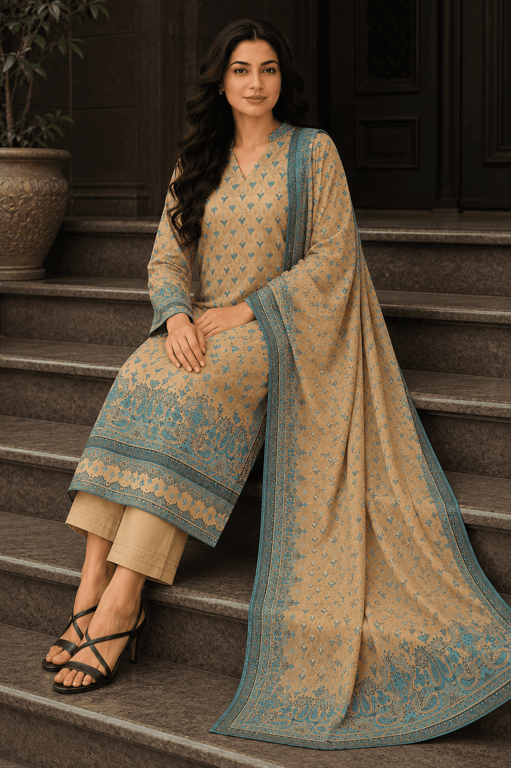 Beige & Teal Blue Paisley 3-Piece Lawn Suit