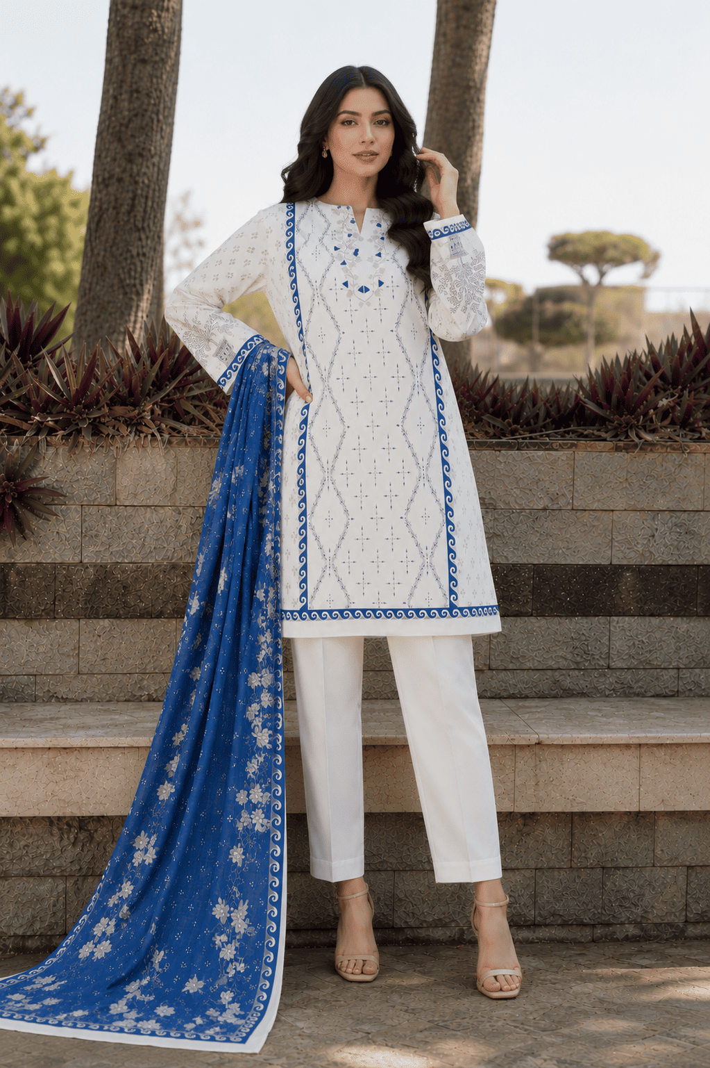Off-White & Royal Blue Waves 3-Piece Suit