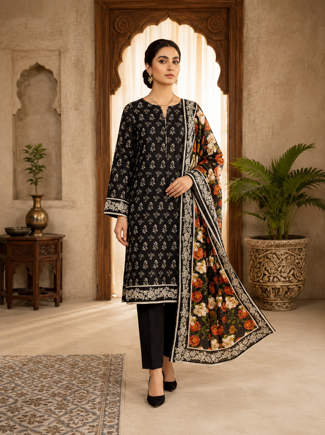Midnight Blossom Printed Lawn 3-Piece Suit with Floral Dupatta