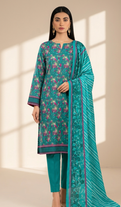 Turquoise Blossom Printed Lawn 3-Piece Suit with Striped Dupatta