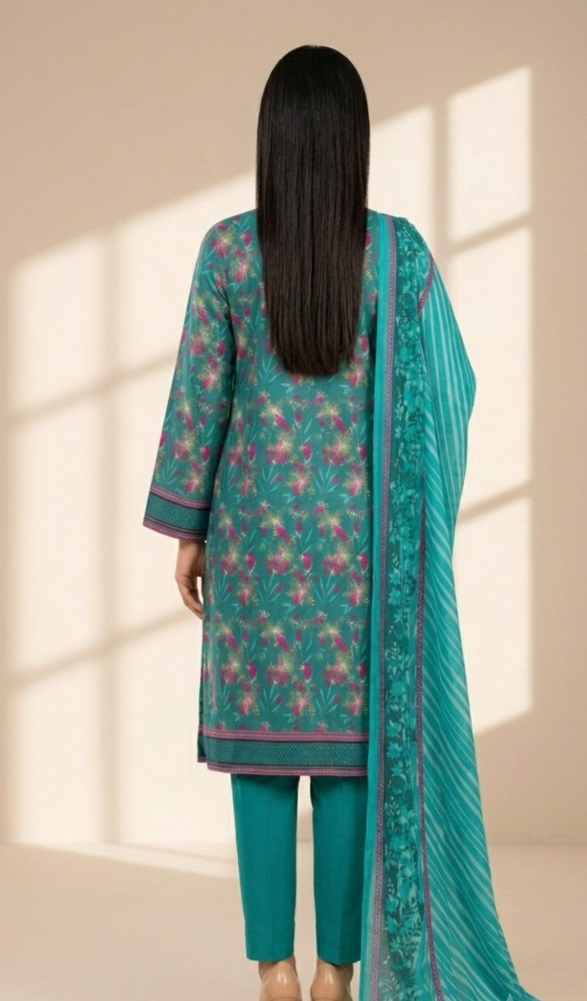 Turquoise Blossom Printed Lawn 3-Piece Suit with Striped Dupatta