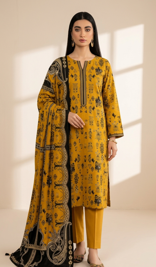 Golden Mustard Printed Lawn 3-Piece Suit with Paisley Dupatta