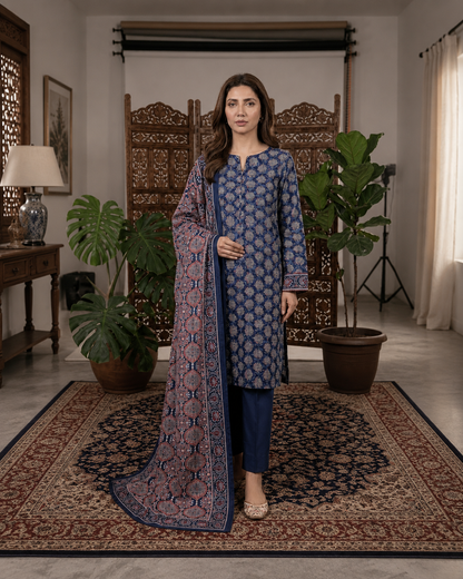 Royal Indigo Printed Lawn 3-Piece Suit with Traditional Ajrak Dupatta