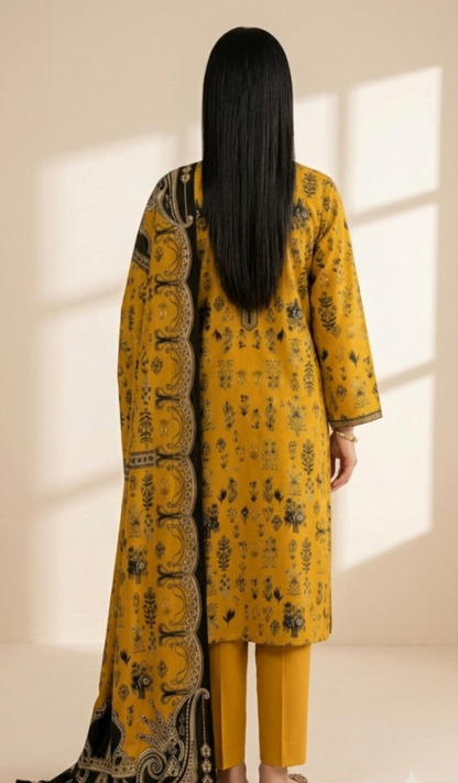 Golden Mustard Printed Lawn 3-Piece Suit with Paisley Dupatta