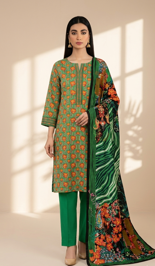 Emerald Bloom Printed Lawn 3-Piece Suit with Statement Floral Dupatta