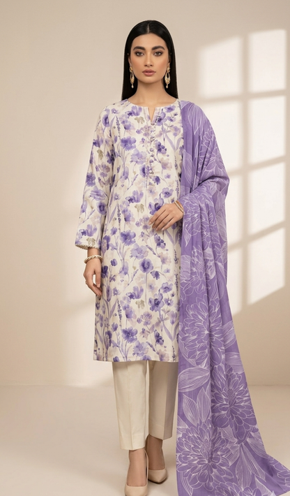 Lavender Meadow Printed Lawn 3-Piece Suit with Floral Dupatta