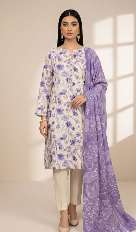 Lavender Meadow Printed Lawn 3-Piece Suit with Floral Dupatta