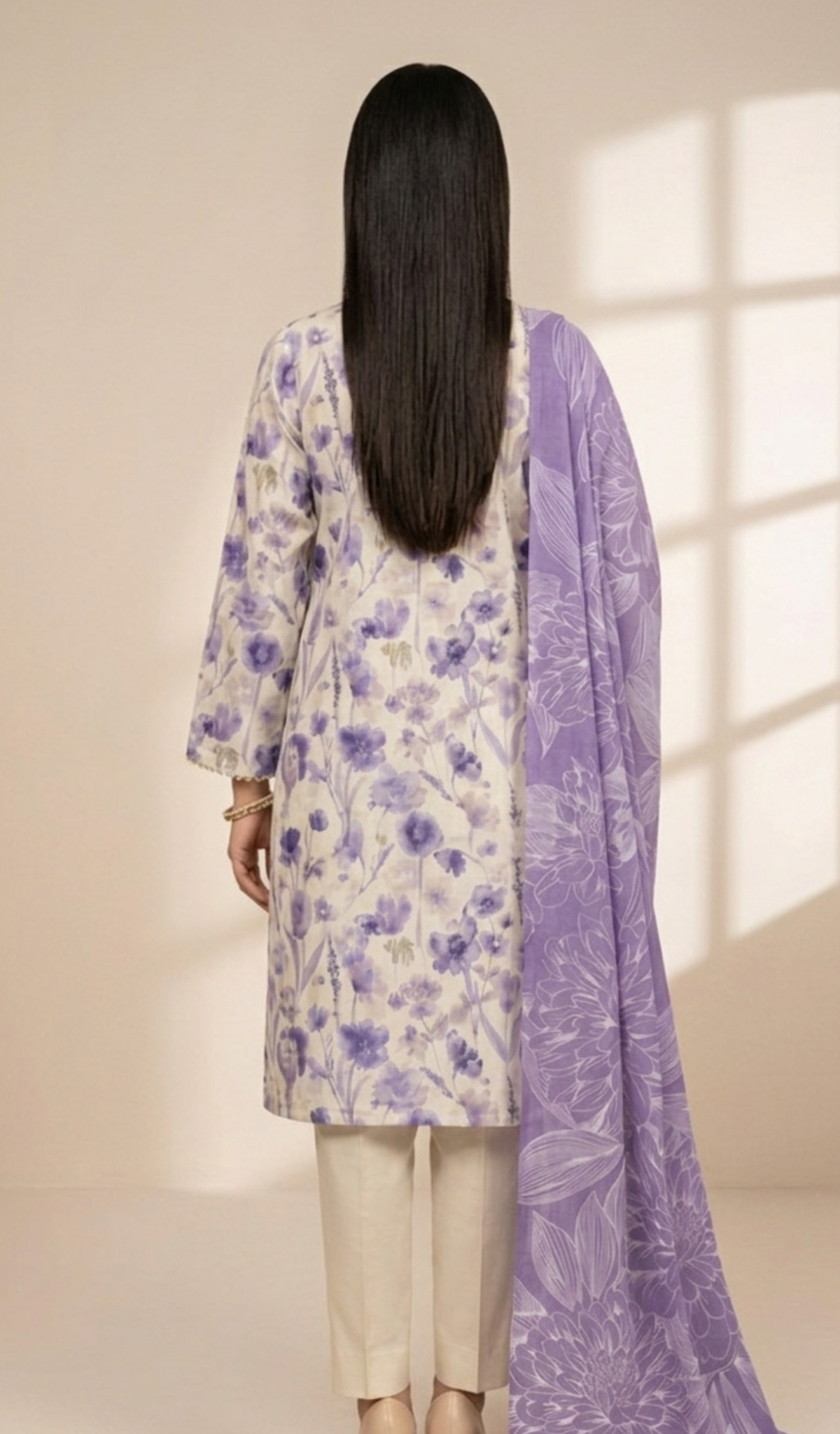 Lavender Meadow Printed Lawn 3-Piece Suit with Floral Dupatta