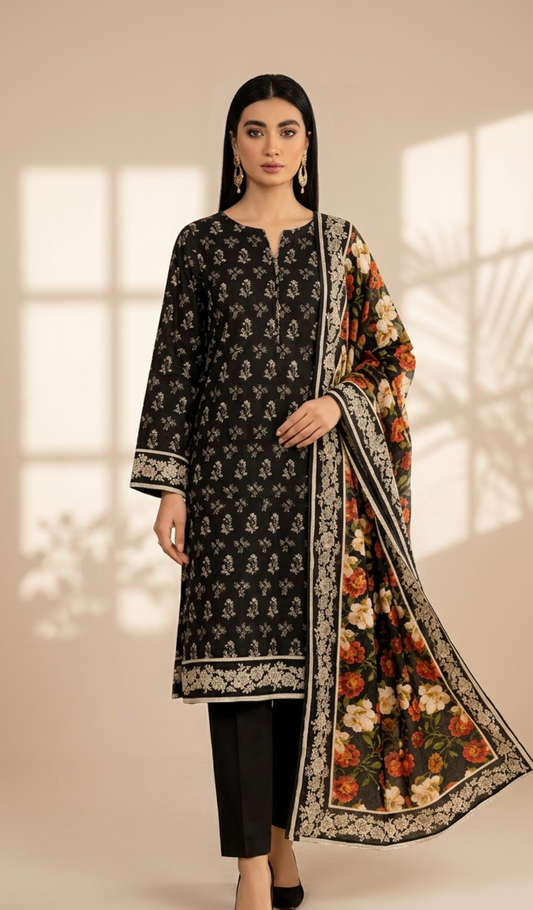 Midnight Blossom Printed Lawn 3-Piece Suit with Floral Dupatta