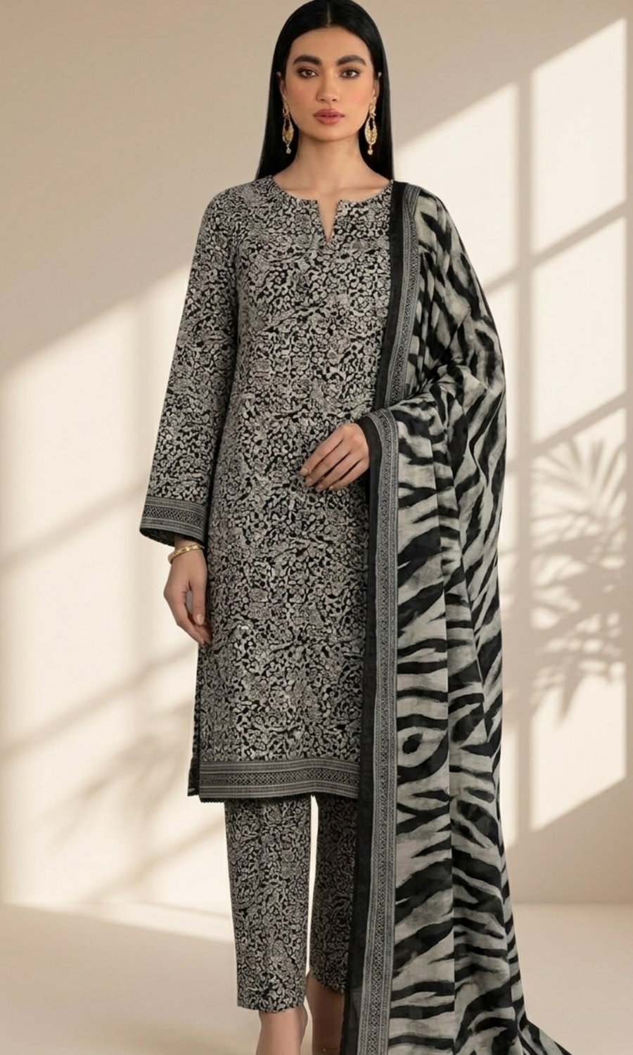 Elegant Monochrome Printed Lawn 3-Piece