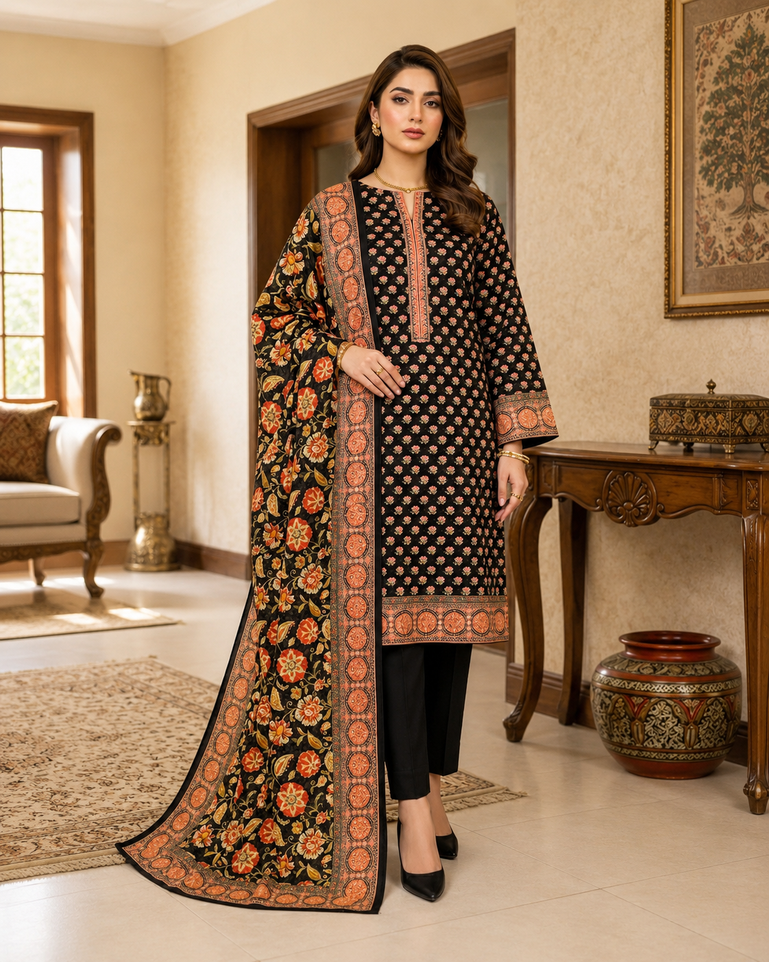 Midnight Garden Printed Lawn 3-Piece Suit with Floral Dupatta