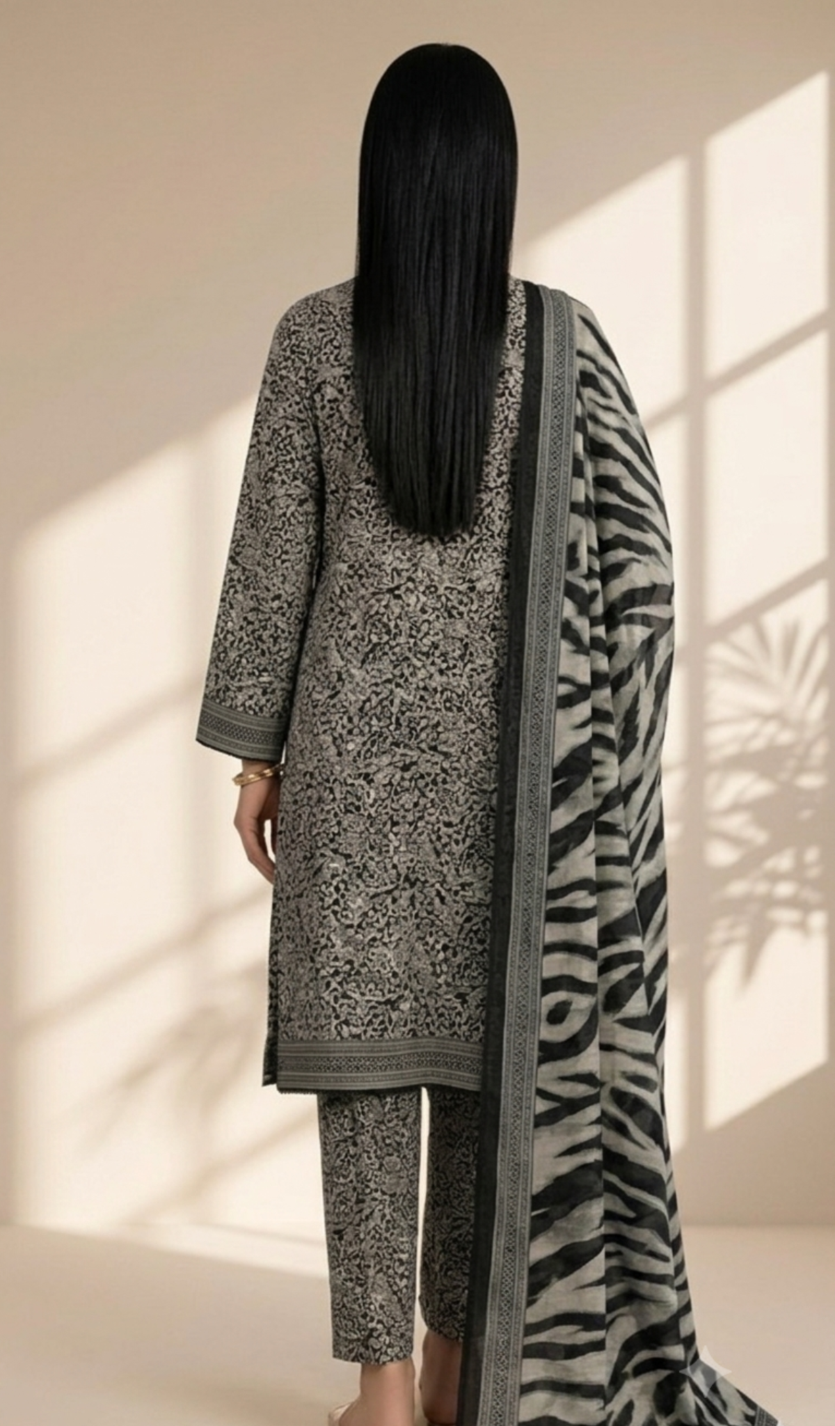 Elegant Monochrome Printed Lawn 3-Piece
