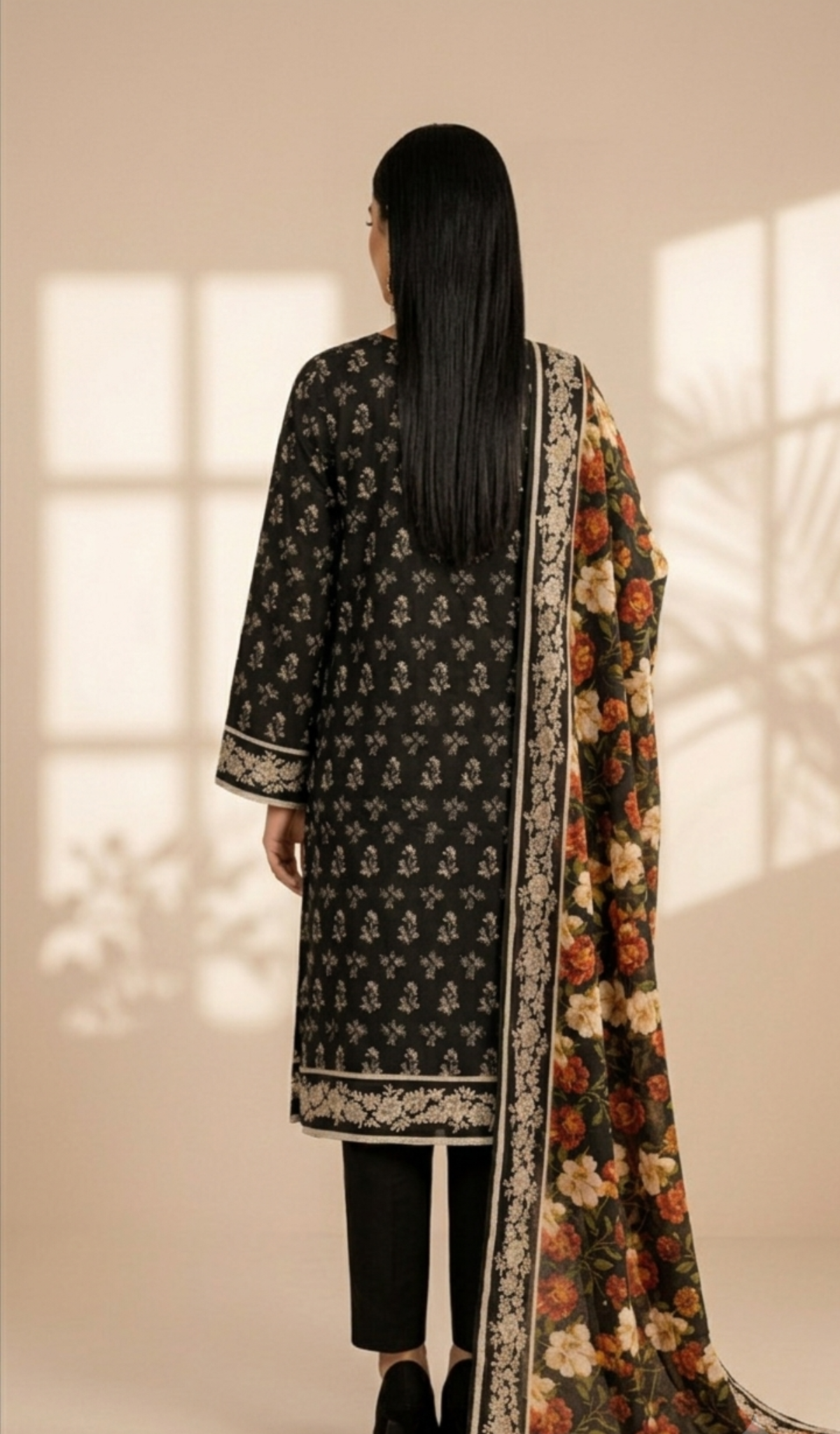Midnight Blossom Printed Lawn 3-Piece Suit with Floral Dupatta