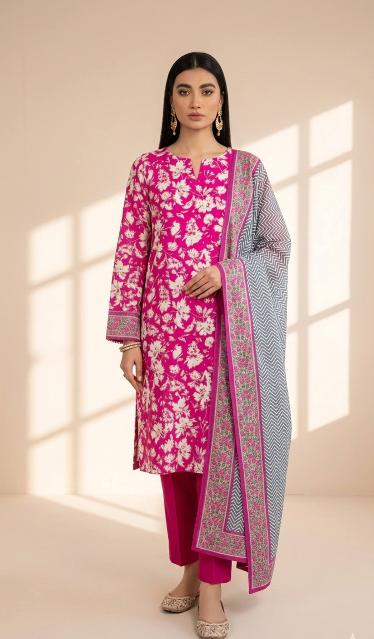 Fuchsia Bloom Printed Lawn 3-Piece Suit with Chevron Dupatta
