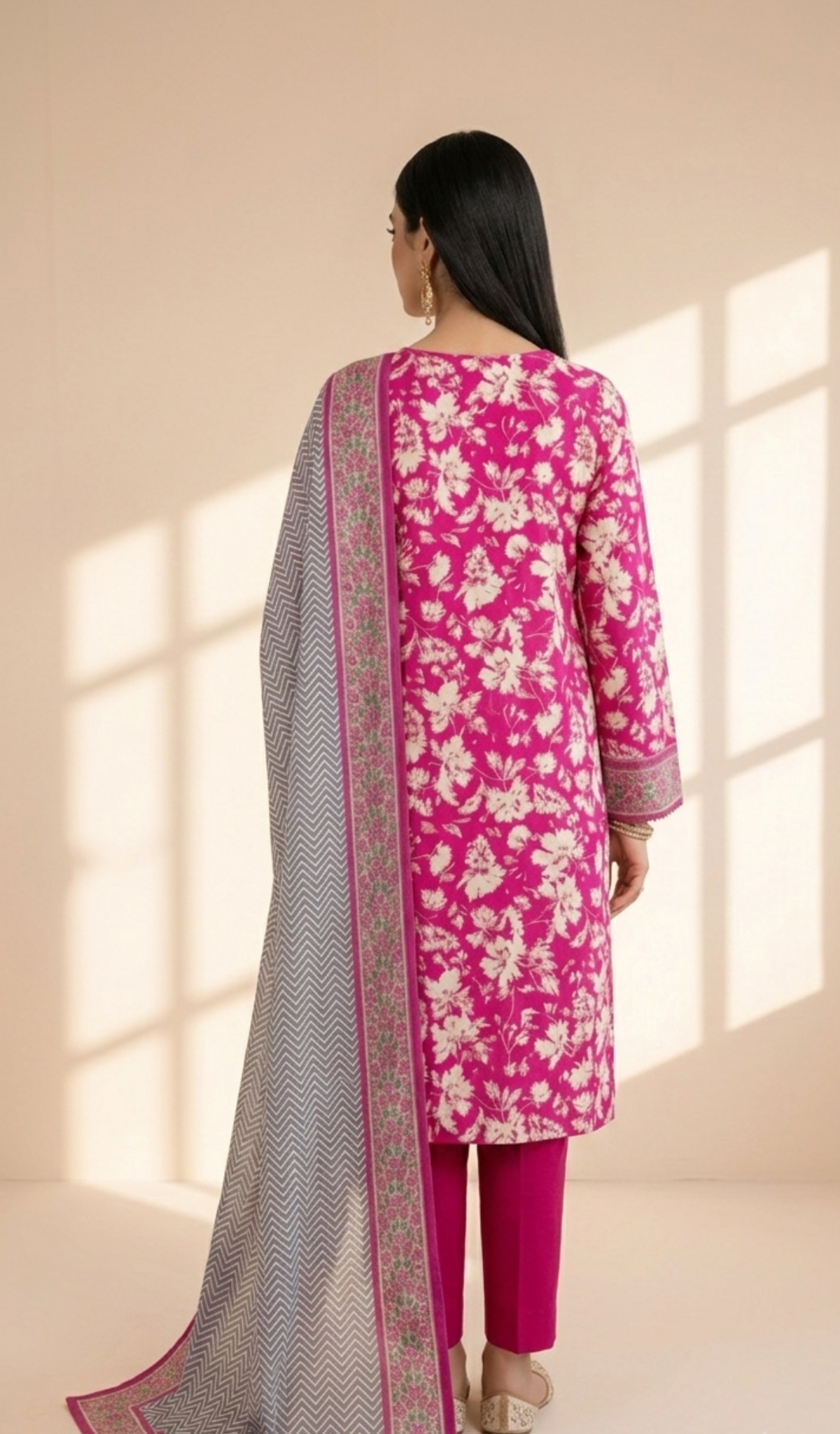 Fuchsia Bloom Printed Lawn 3-Piece Suit with Chevron Dupatta