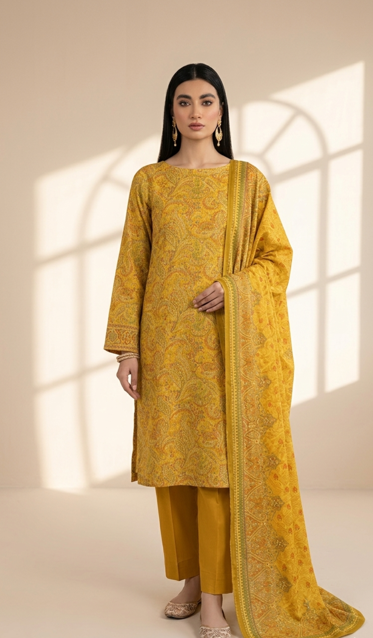 Sunlit Mustard Paisley Printed Lawn 3-Piece Suit with Matching Dupatta
