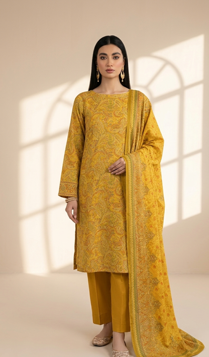 Sunlit Mustard Paisley Printed Lawn 3-Piece Suit with Matching Dupatta