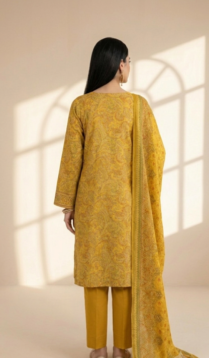 Sunlit Mustard Paisley Printed Lawn 3-Piece Suit with Matching Dupatta