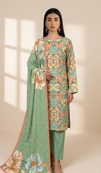 Sage Garden Floral Printed Lawn 3-Piece Suit with Statement Dupatta