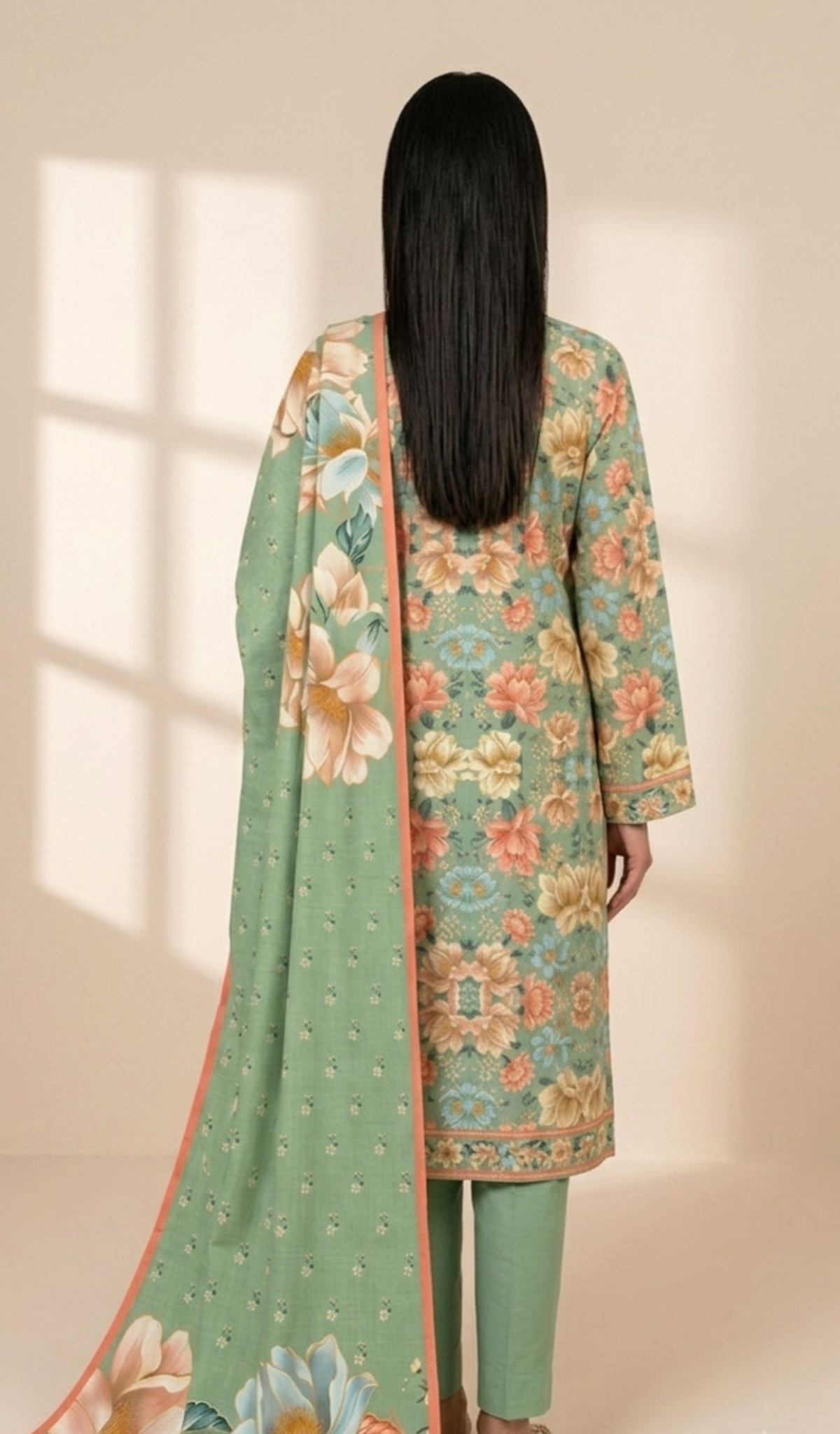 Sage Garden Floral Printed Lawn 3-Piece Suit with Statement Dupatta