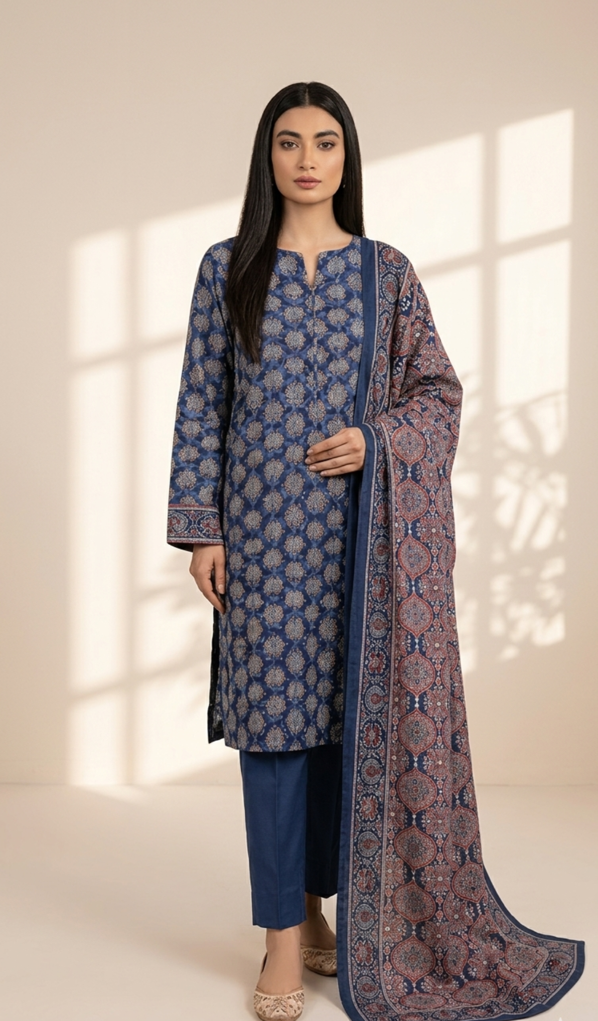 Royal Indigo Printed Lawn 3-Piece Suit with Traditional Ajrak Dupatta