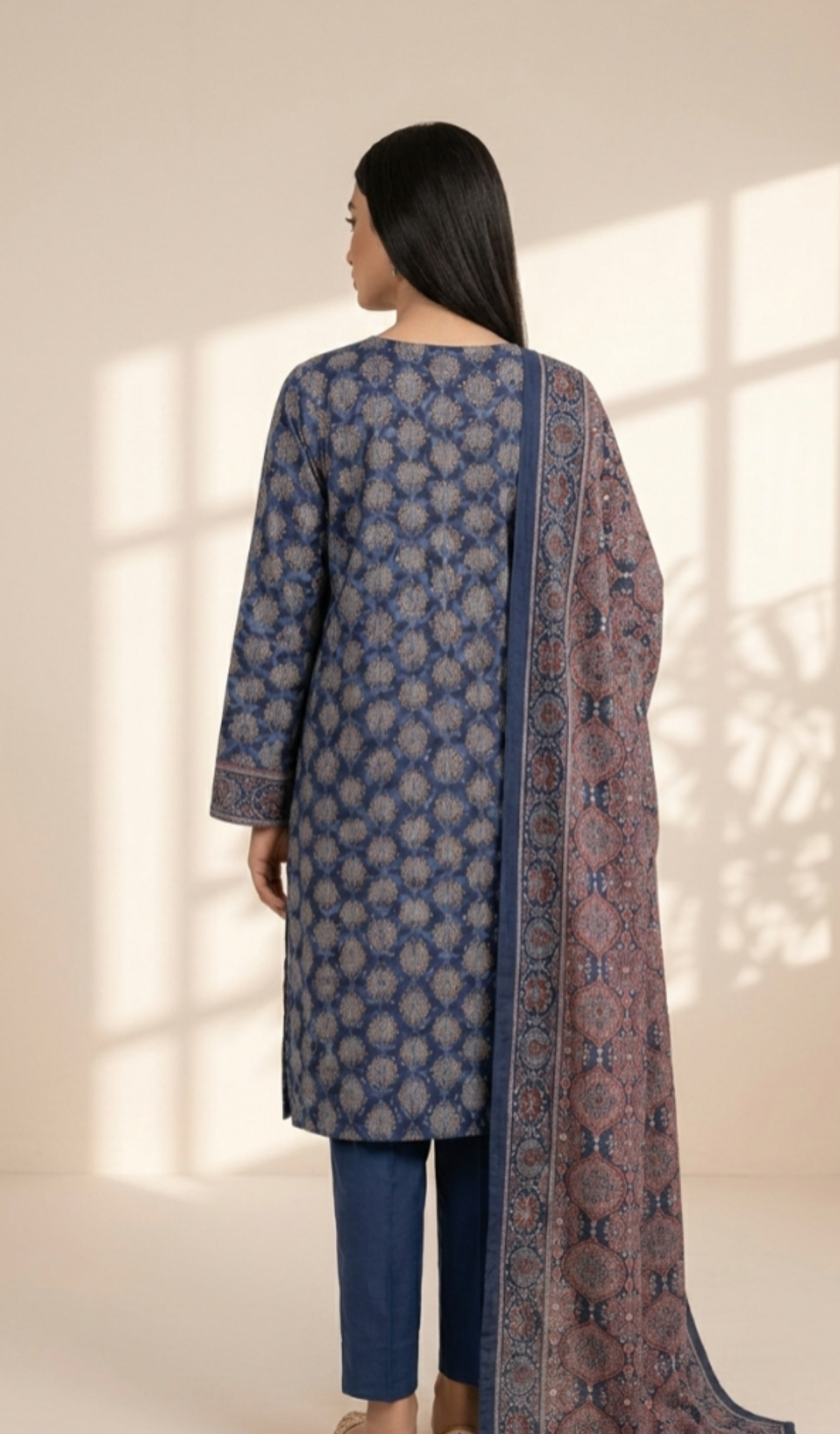 Royal Indigo Printed Lawn 3-Piece Suit with Traditional Ajrak Dupatta