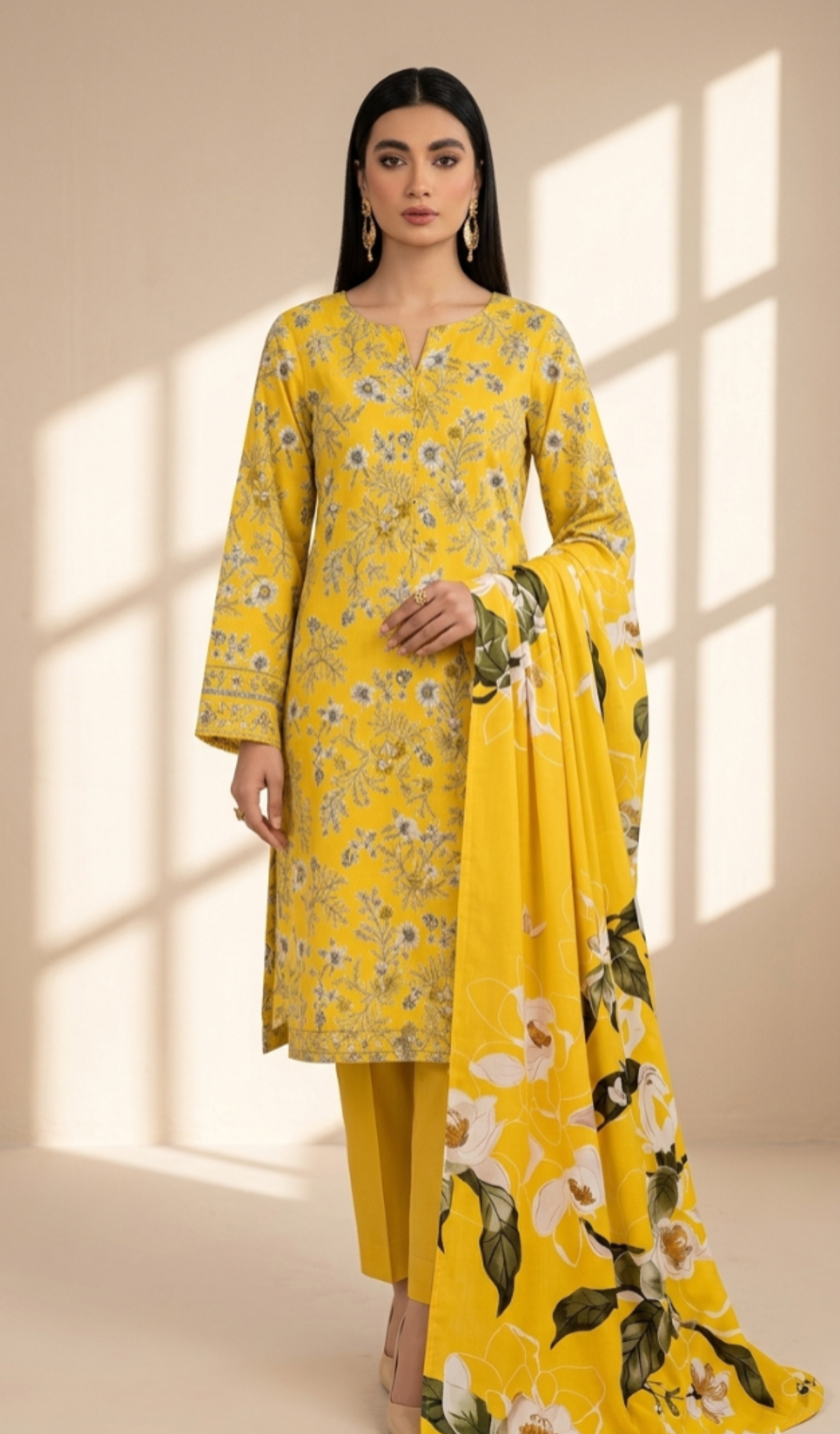 Sunshine Bloom Printed Lawn 3-Piece Suit with Statement Floral Dupatta