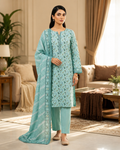 Mint Blossom Printed Lawn 3-Piece Suit with Striped Dupatta