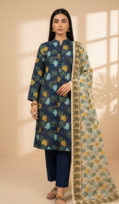 Midnight Bloom Printed Lawn 3-Piece Suit with Floral Dupatta
