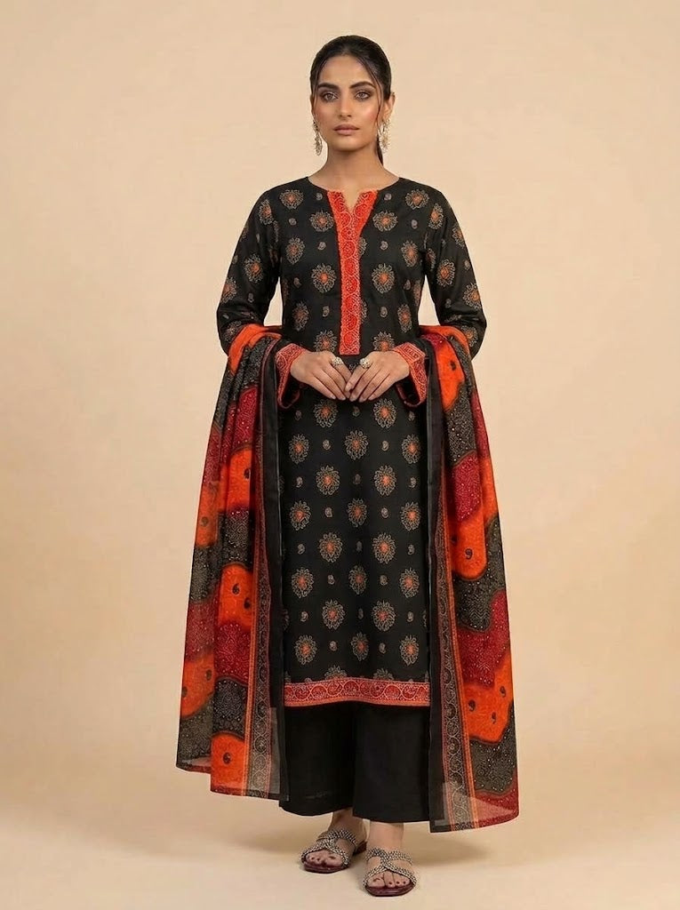 Black & Orange Floral Printed 3-Piece Cotton Suit with Chunri Dupatta
