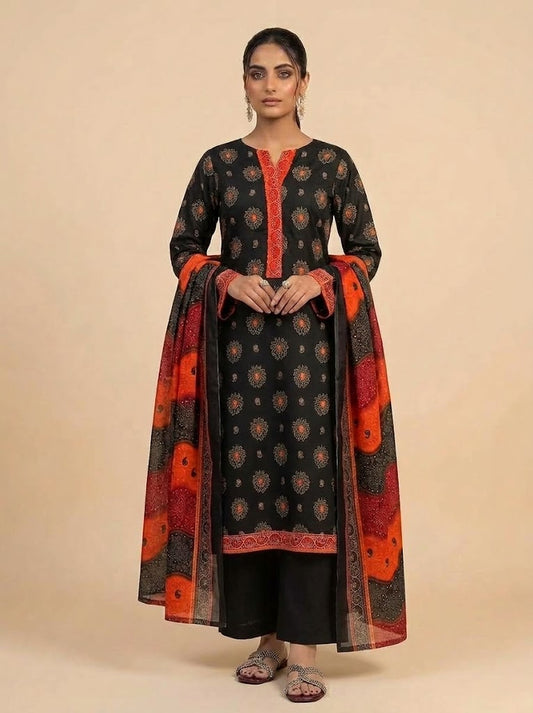 Black & Orange Floral Printed 3-Piece Cotton Suit with Chunri Dupatta