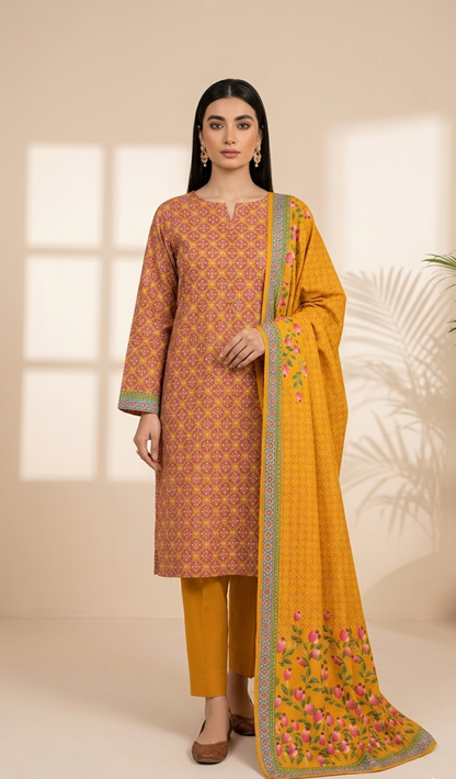 Golden Petal Printed Lawn 3-Piece Suit with Floral Dupatta