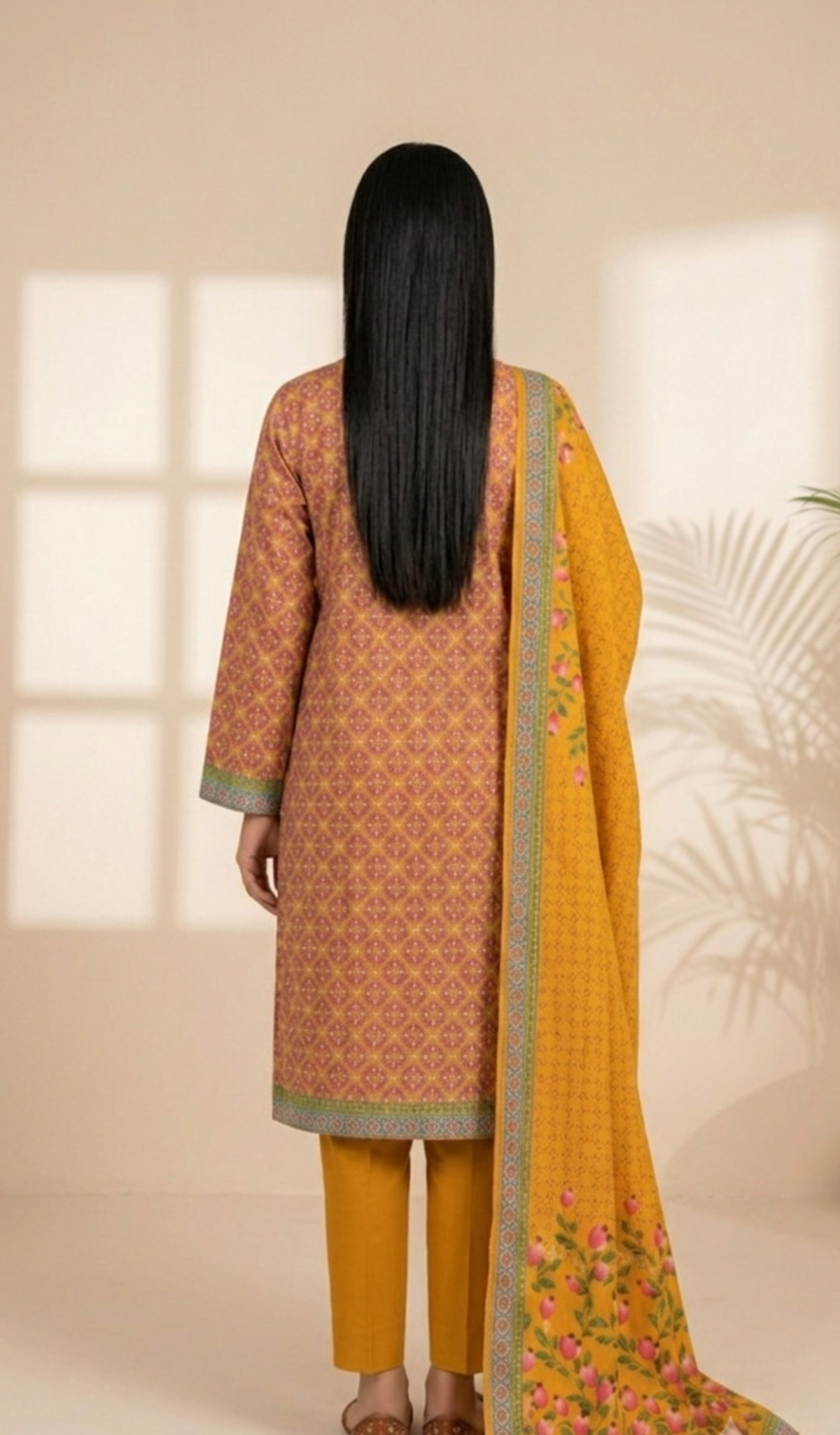 Golden Petal Printed Lawn 3-Piece Suit with Floral Dupatta