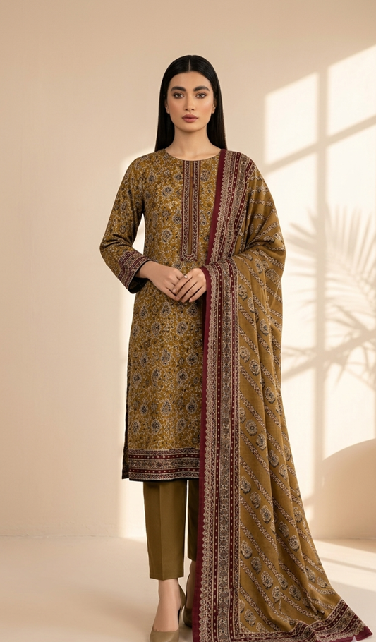 Mustard Paisley Elegance 3-Piece Printed Lawn Suit with Dupatta