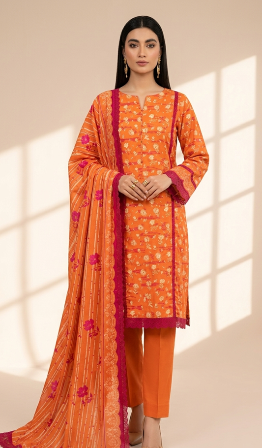 Sunset Bloom Orange 3-Piece Printed Lawn Suit with Dupatta